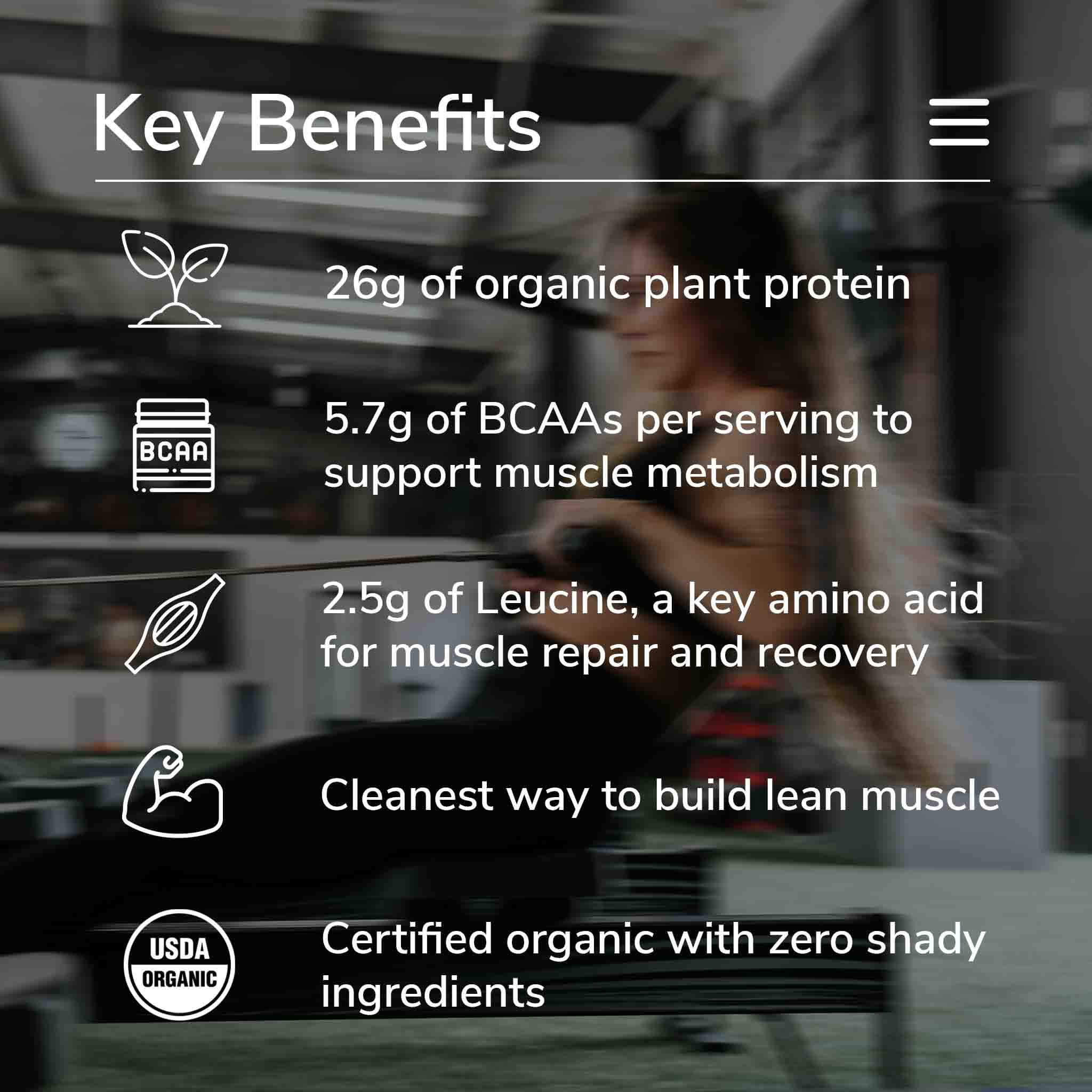 Infographic highlighting benefits of organic plant protein powder including BCAAs and muscle recovery.