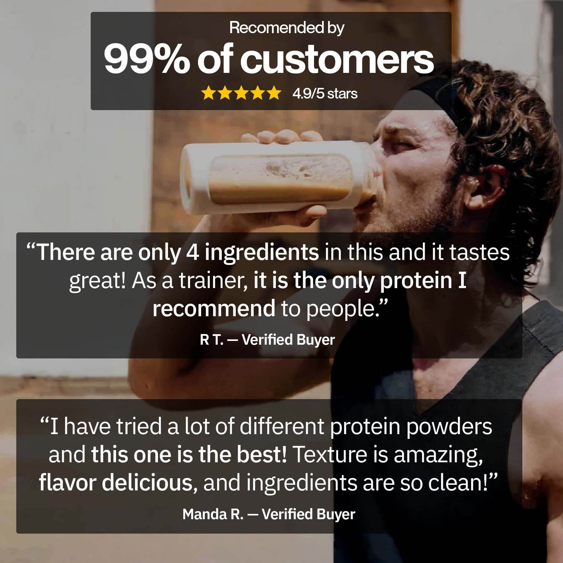 Promotional graphic for a protein powder drink. A man in a black tank top drinks from a clear shaker bottle containing a beige-brown powder.