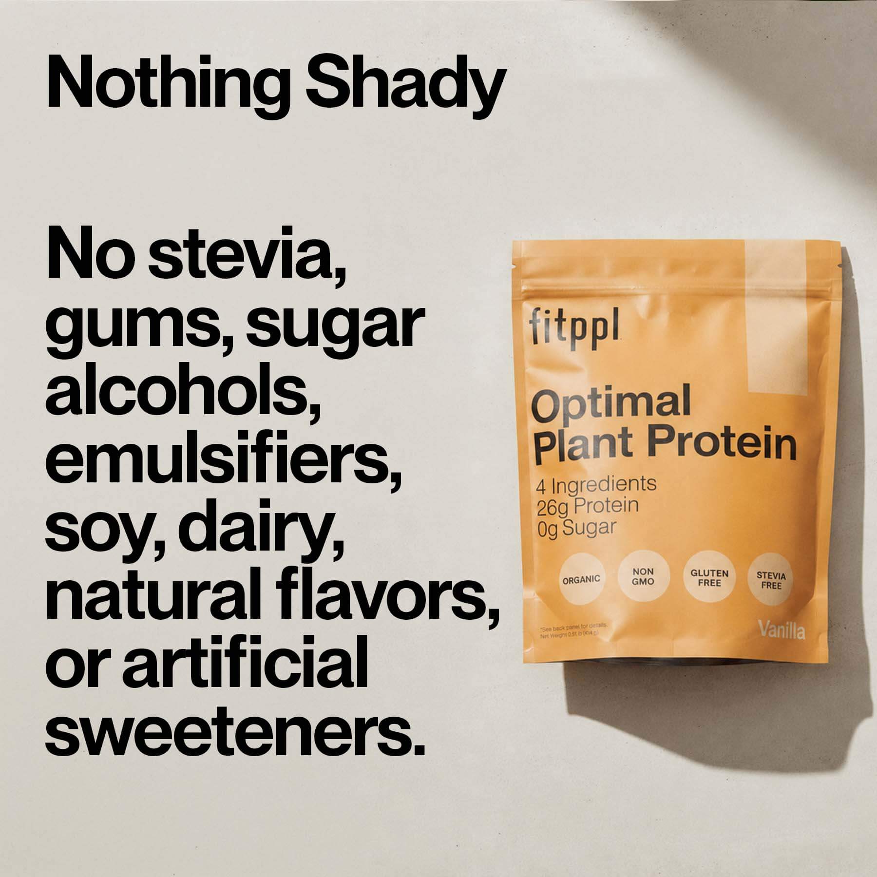 A stand-up pouch of fit ppl Optimal Plant Protein in Vanilla flavor, displayed next to promotional text on a light background.