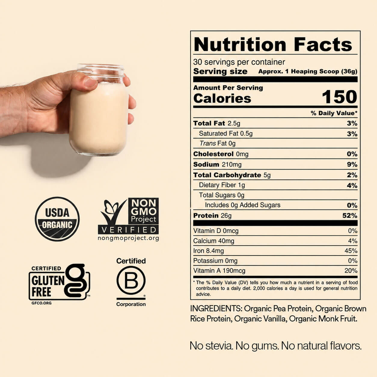 A hand holding a glass jar filled with a light beige protein powder, shown beside a Nutrition Facts label on a warm beige background. The label includes a Non-GMO Project Verified badge, a USDA Organic badge, a Certified Gluten Free badge, and a B Corporation logo.