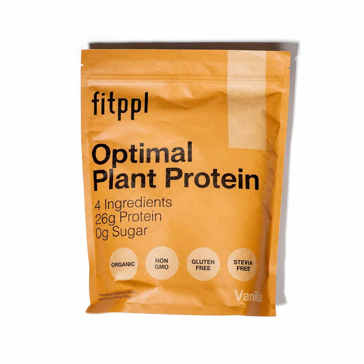 A stand-up pouch of fitppl Optimal Plant Protein in Vanilla flavor, shown on a clean white background with a soft shadow.
